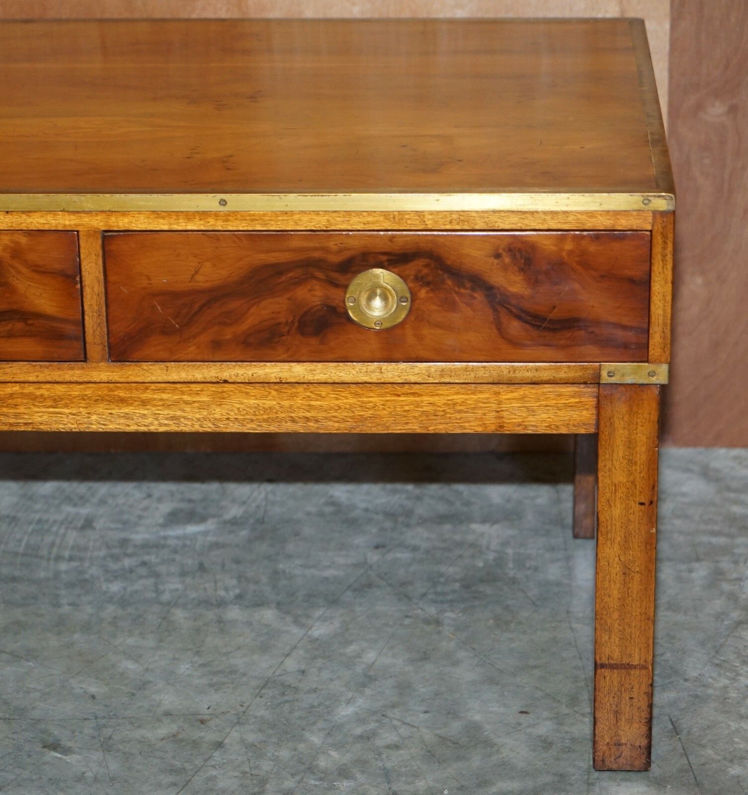 Lovely Restored Burr Walnut & Brass Military Campaign Three Drawer Coffee Table photo vintage