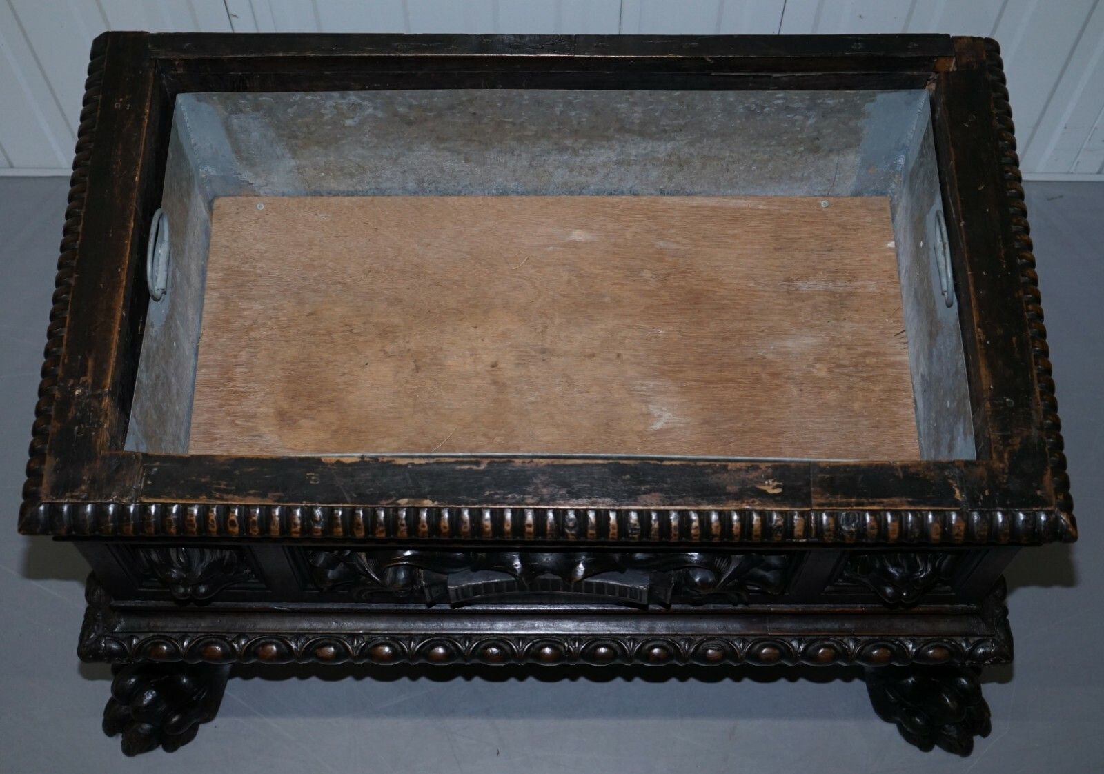 Gothic Revival 1840 Carved Wood Huge Wine Cooler Planter Lion Hairy Paw Feet photo vintage