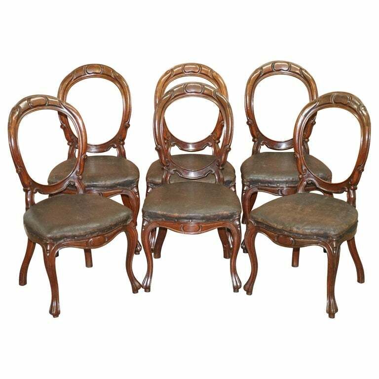 Suite Of Six Victorian Hand Carved Mahogany Spoon Medallion Back Dining Chairs 6