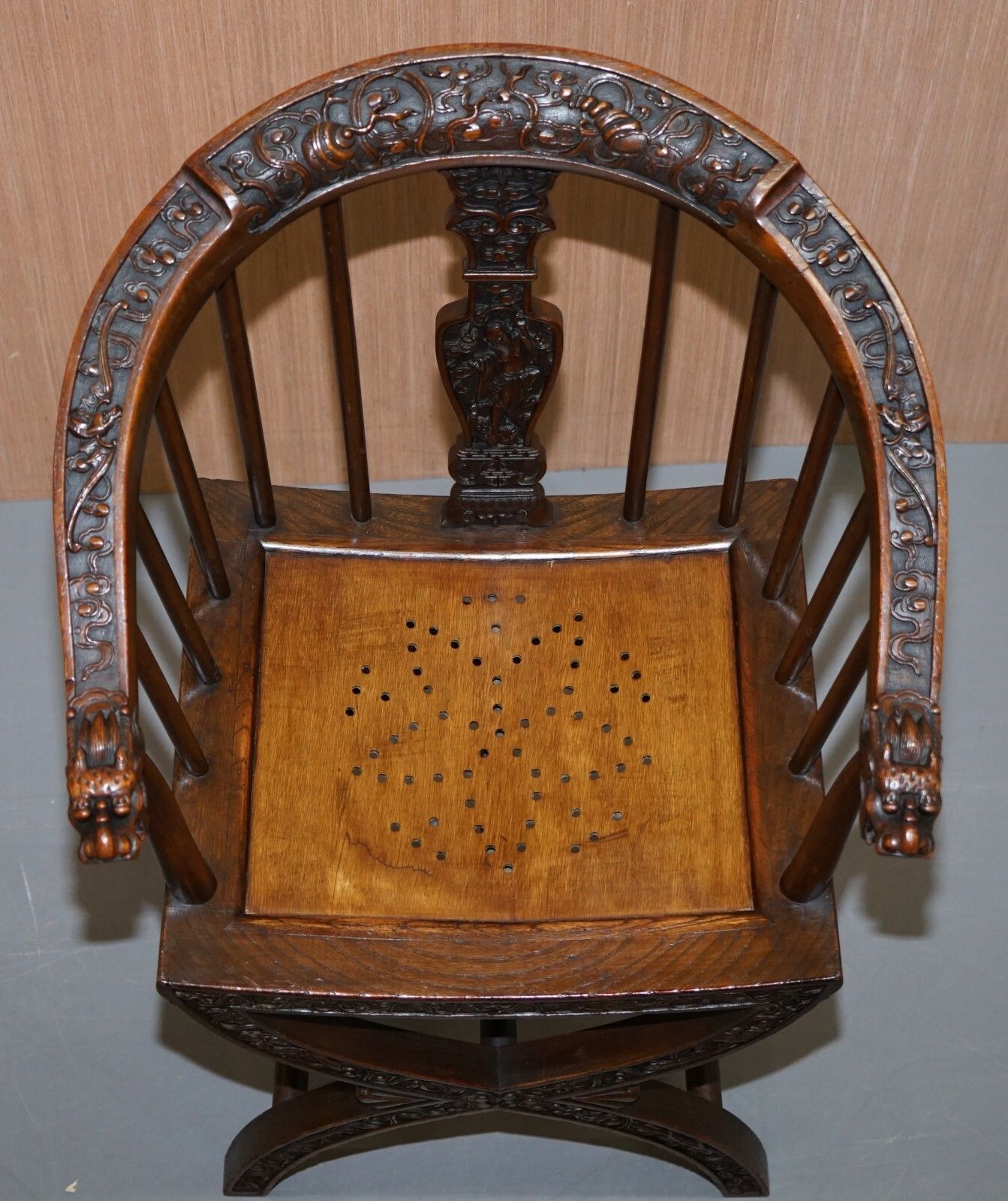 1500.0 Rare Pair Of Circa 1900 Anglo Chinese Hand Carved Savonarola Armchairs Dragons photo