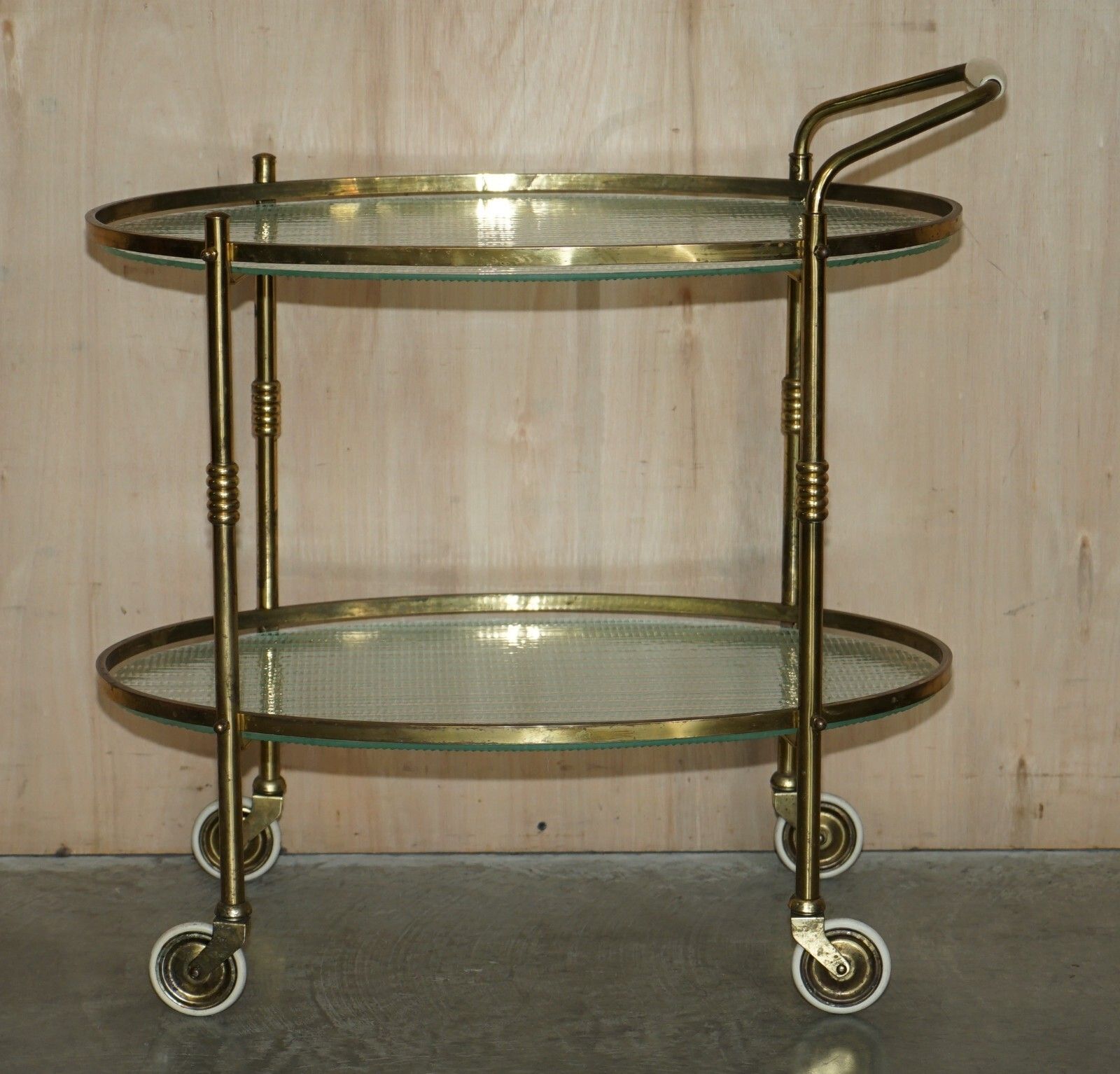 Furniture Antique Art Deco Circa 1920 Frosted Glass & Polished Brass Circa Drinks Trolley photo