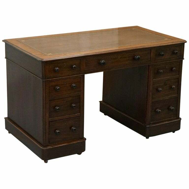 Vr Stamped Victoria Regina Mahogany Twin Pedestal Partner Desk Victorian 1860