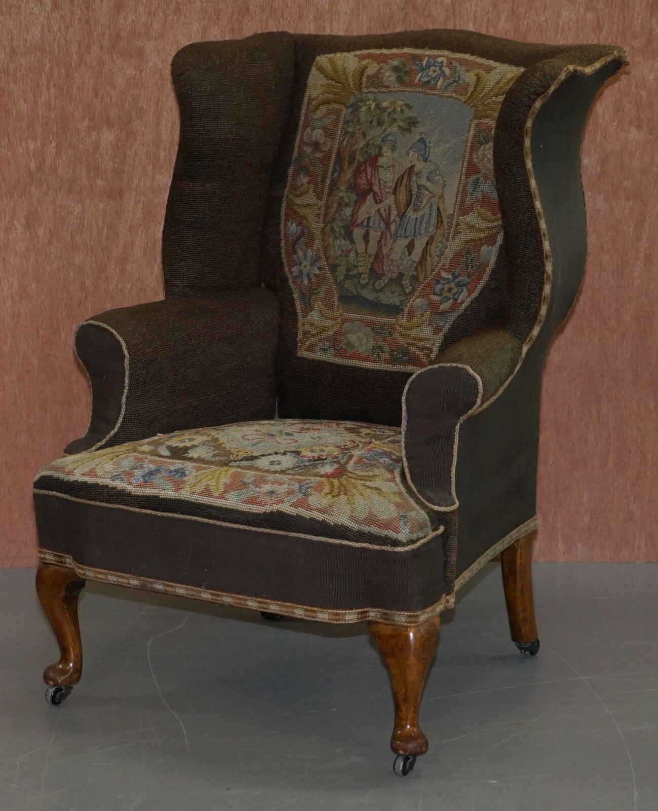 Original Circa 1840 Antique Victorian Wingback Armchair Embroidered Upholstery photo for sale
