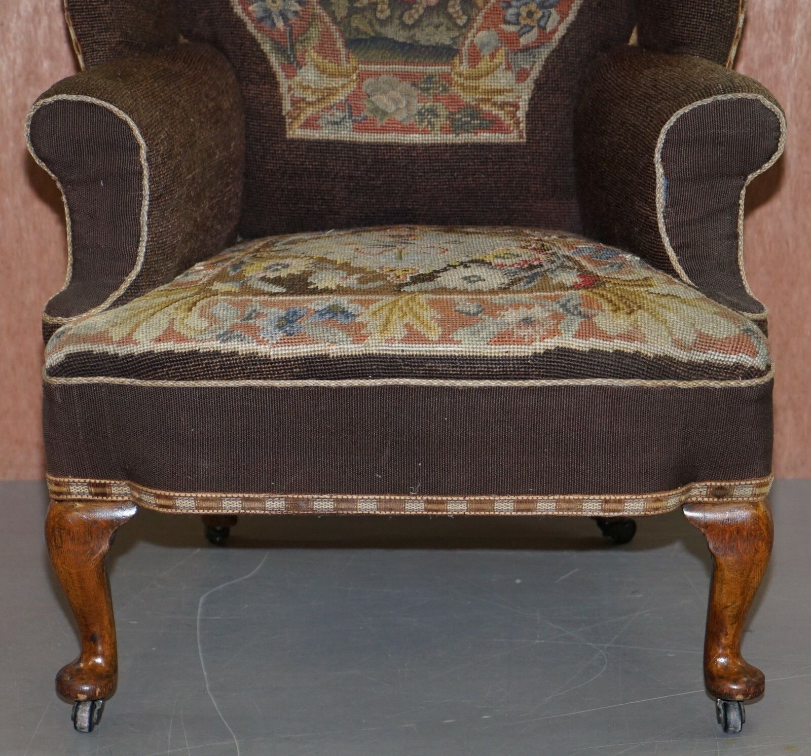 Original Circa 1840 Antique Victorian Wingback Armchair Embroidered Upholstery photo buy