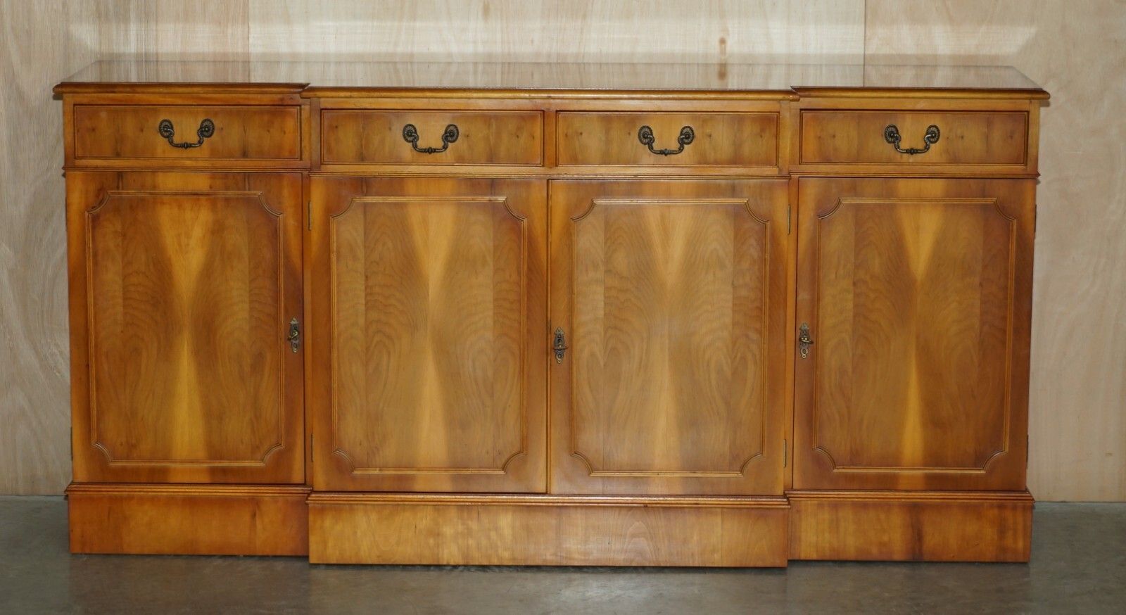 Vintage Burr Yew Wood Breakfront Sideboard With Four Drawers & Original Key photo for sale