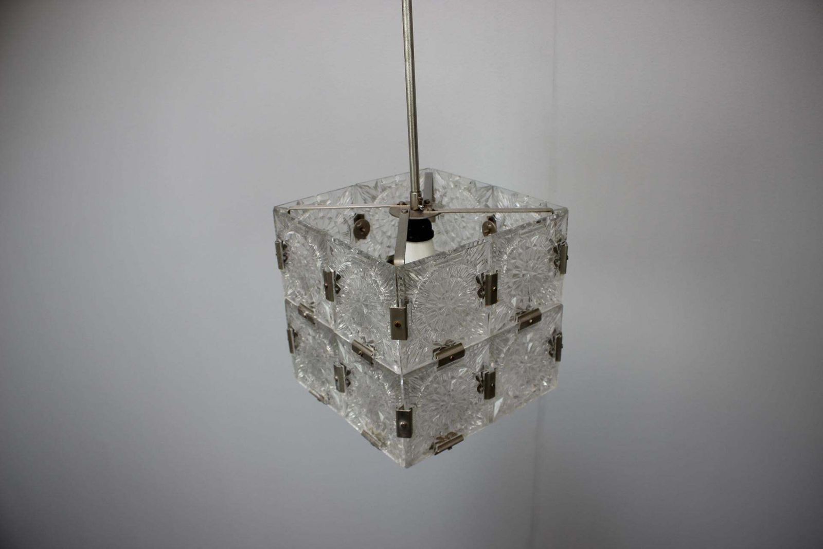Mid Century Square Clear Glass Pendant By Kamenicky šenov, 1960s, Czechoslovakia photo vinterior