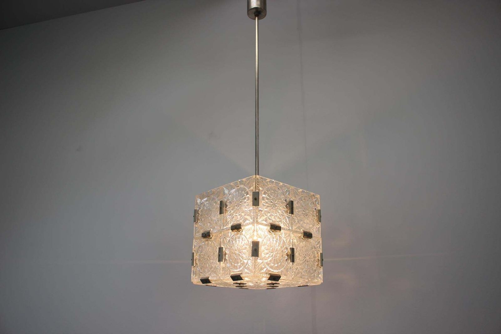 Lighting Mid Century Square Clear Glass Pendant By Kamenicky šenov, 1960s, Czechoslovakia photo