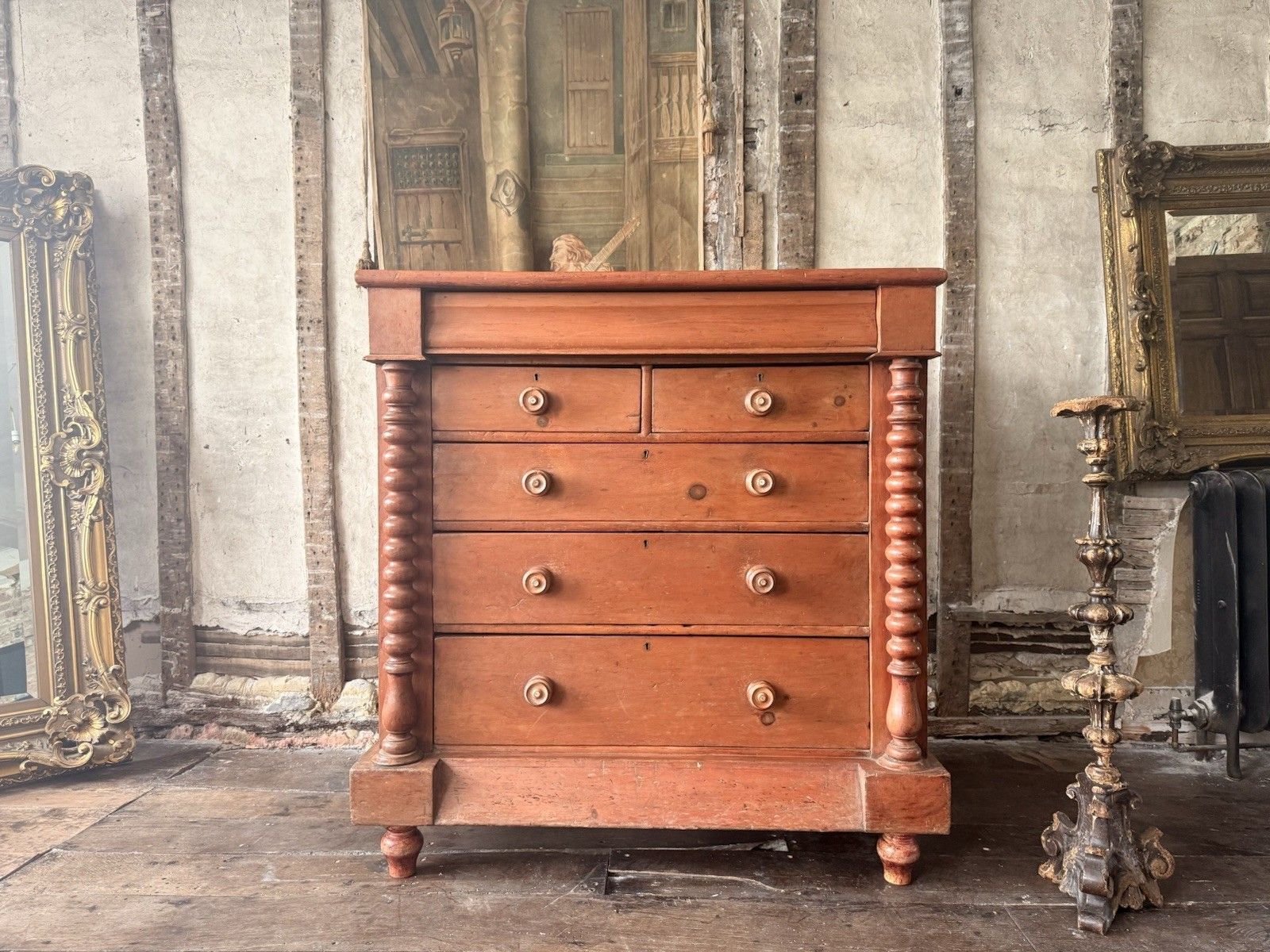 Scottish Original Antique Pine Barley Twisted Rustic Chest Of Drawers C1840 photo for sale