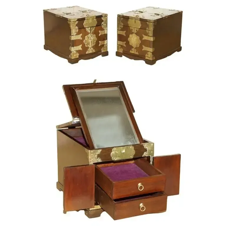 Pair Of Antique Chinese Table Top Vanity Jewellery Box Cabinets Folding Mirrors photo furniture
