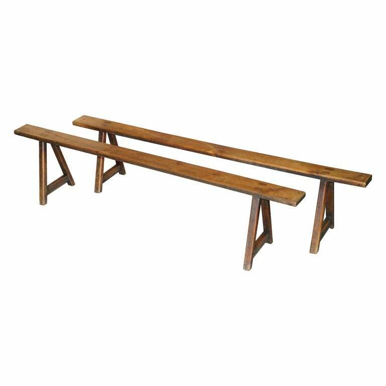 Pair Of Antique Victorian Fruitwood Trestle Benches For Long Dining Tables
