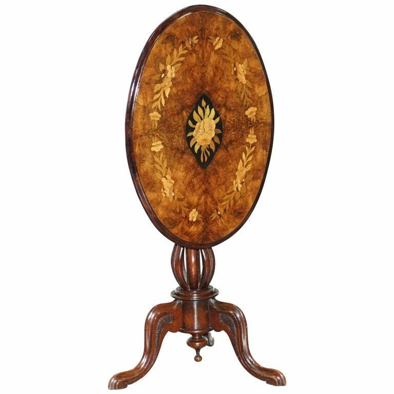 Victorian Walnut & Marquetry Inlaid Tilt Top Oval Side Table Bulbous Pedestal