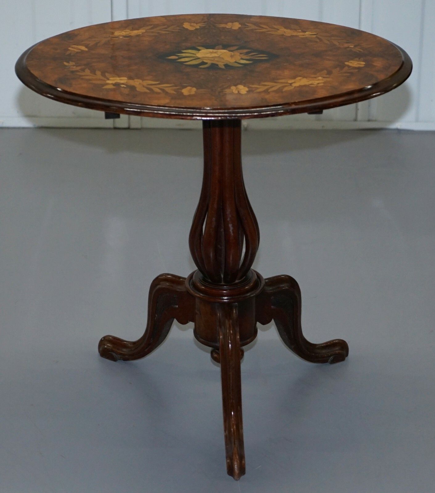 Victorian Walnut & Marquetry Inlaid Tilt Top Oval Side Table Bulbous Pedestal photo 1350.0