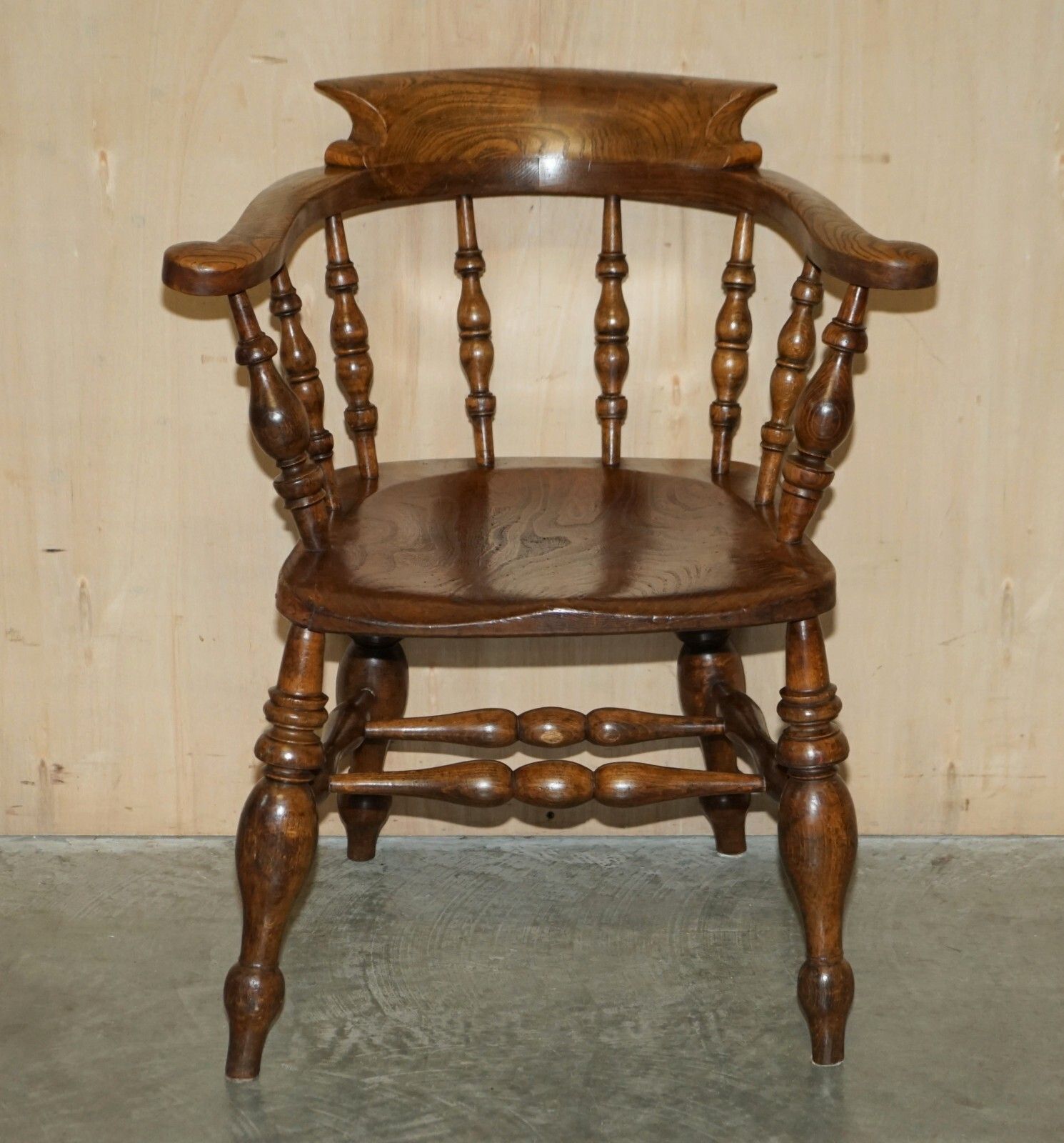 Stunning Patina Antique Edwardian Sold Elm Bow Back Smokers Captains Armchair photo furniture