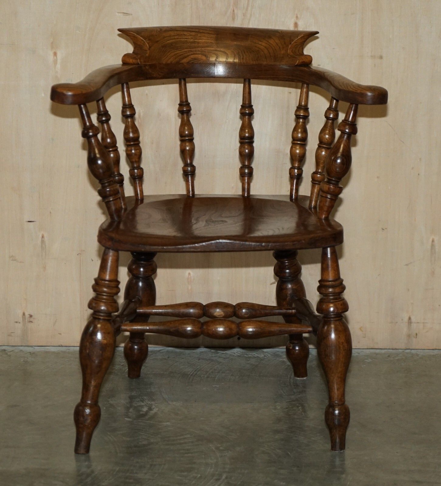Decorative Patina Antique Edwardian Sold Elm Bow Back Smokers Captains Armchair photo for sale