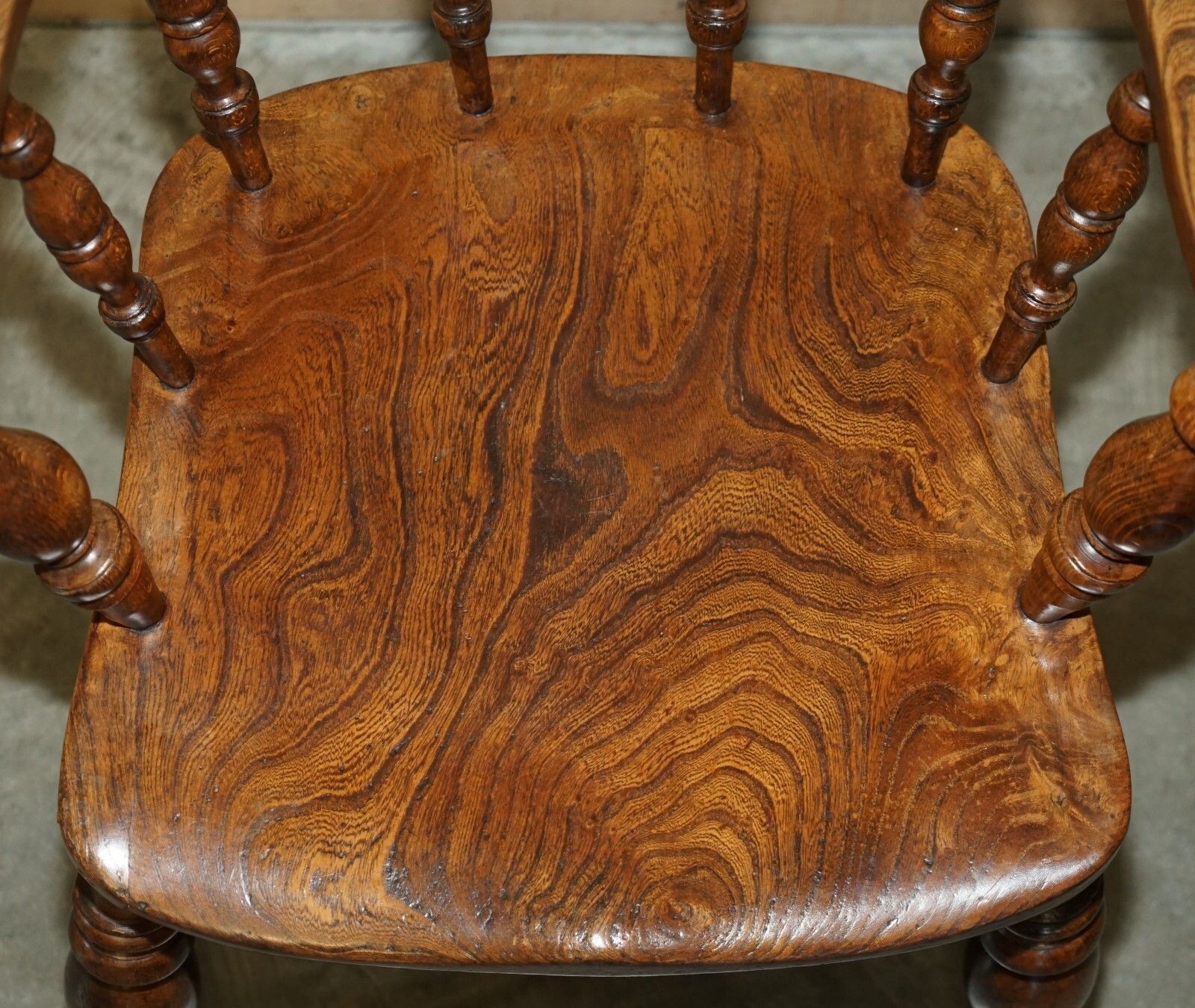 photo furniture Decorative Patina Antique Edwardian Sold Elm Bow Back Smokers Captains Armchair