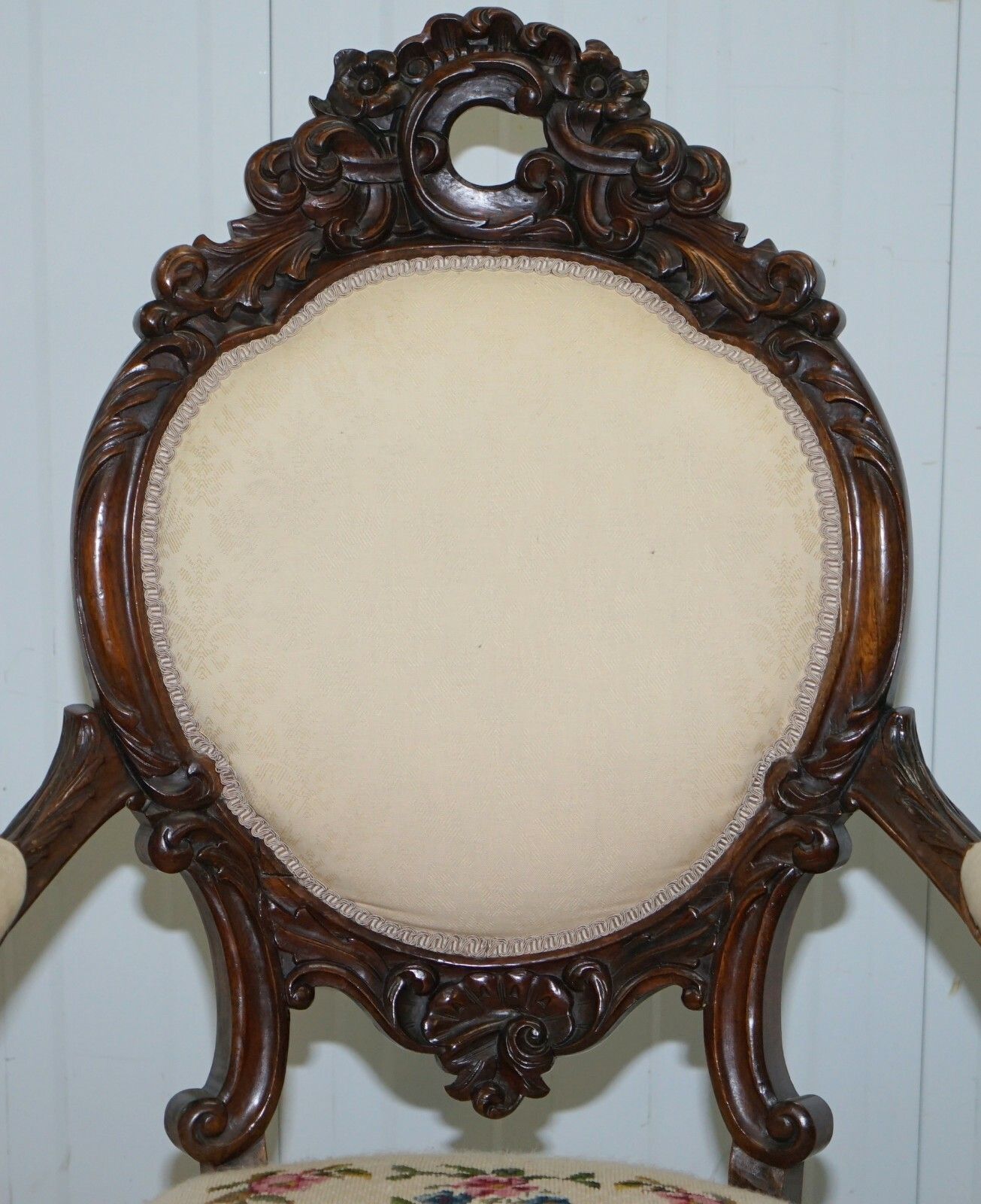 Victorian Show Frame Lion Carved Walnut Salon Armchair Embroidered Upholstery photo for sale