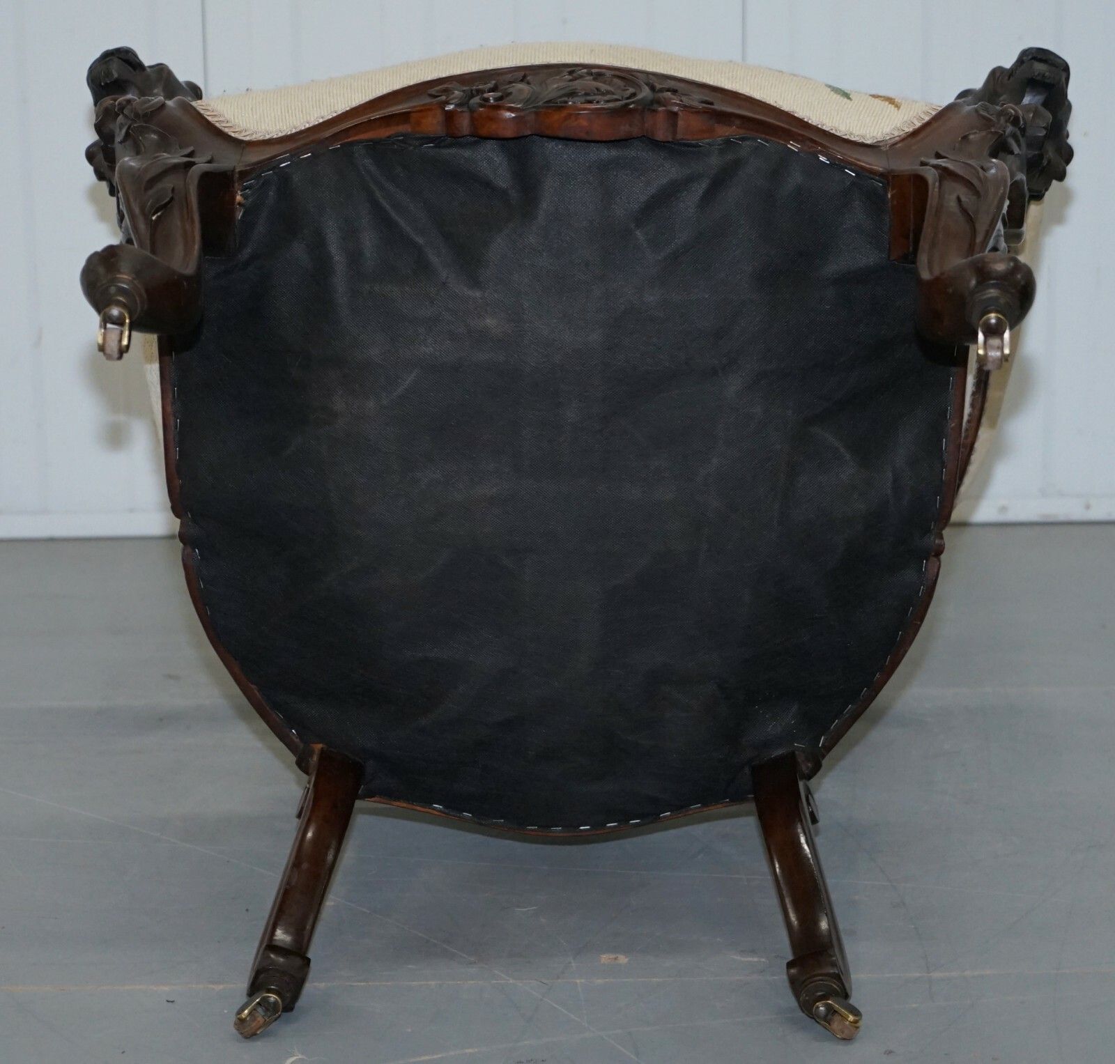 photo for sale Victorian Show Frame Lion Carved Walnut Salon Armchair Embroidered Upholstery