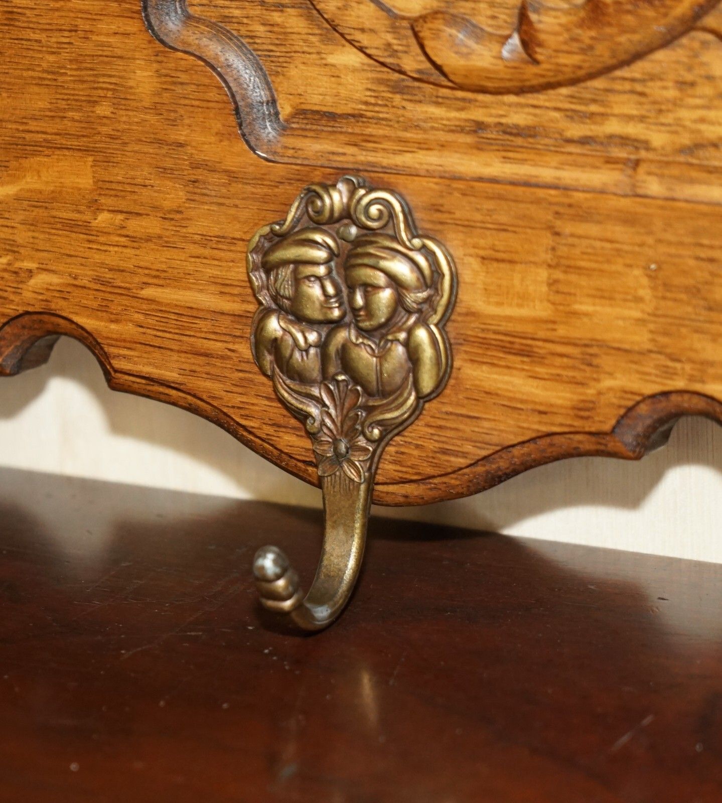 Antique Dutch Heavily Carved Oak Coat Hat Scarf Wall Rack Hanger Romantic Hooks photo vintage