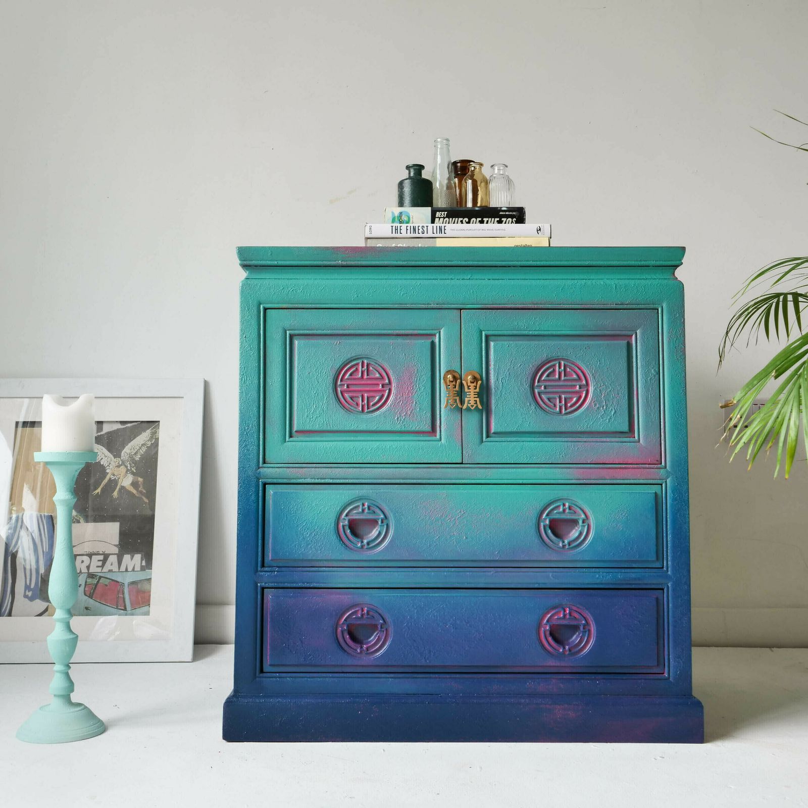 Bohemian Tv Stand Cabinet  Hand Painted  Livingroom Furniture Bedroom  Blue  Green  Pink  Bespoke  Peacock  Teal Boho photo vintage