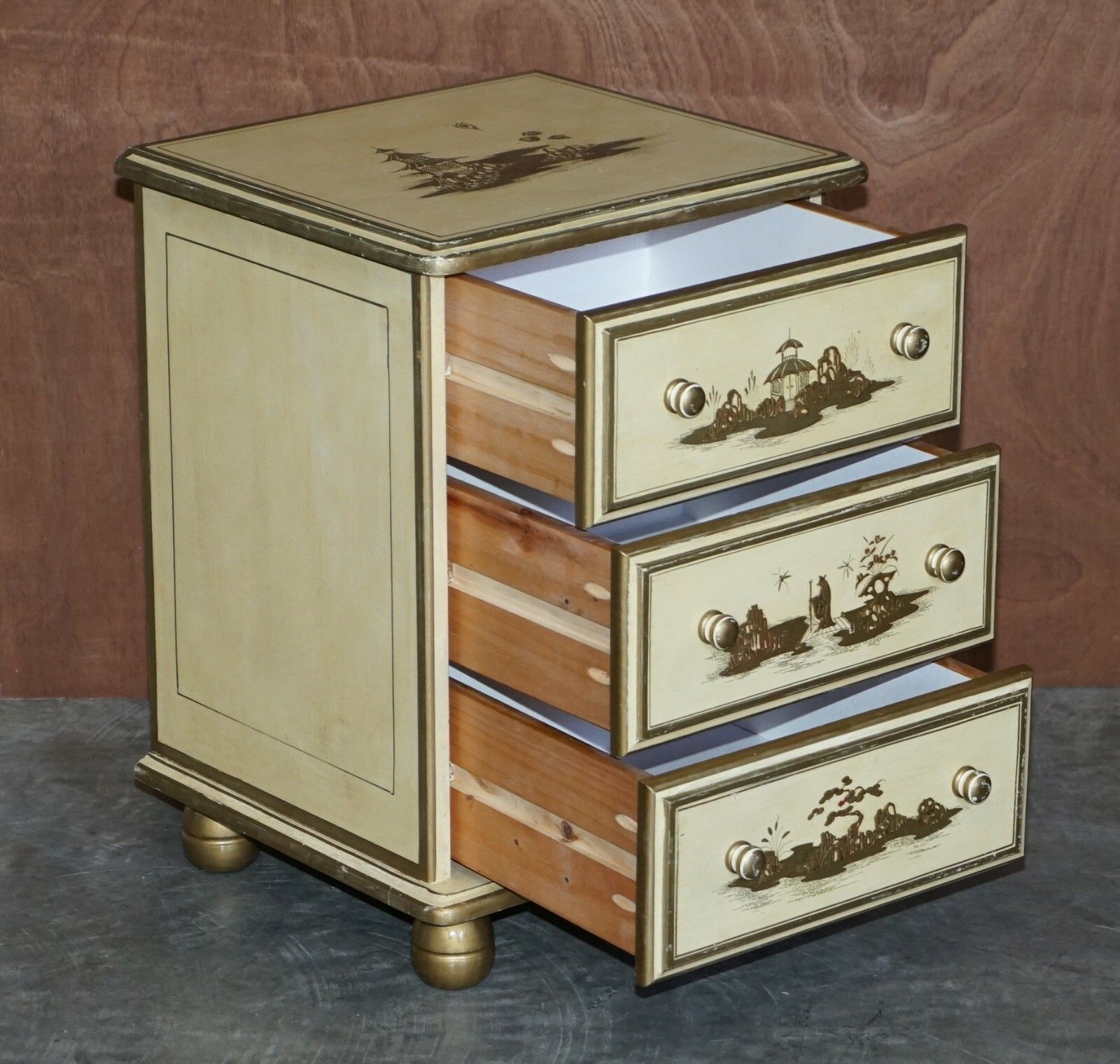 Pair Of Vintage Oriental Chinese Cream & Gold Leaf Painted Bedside Table Drawers photo buy