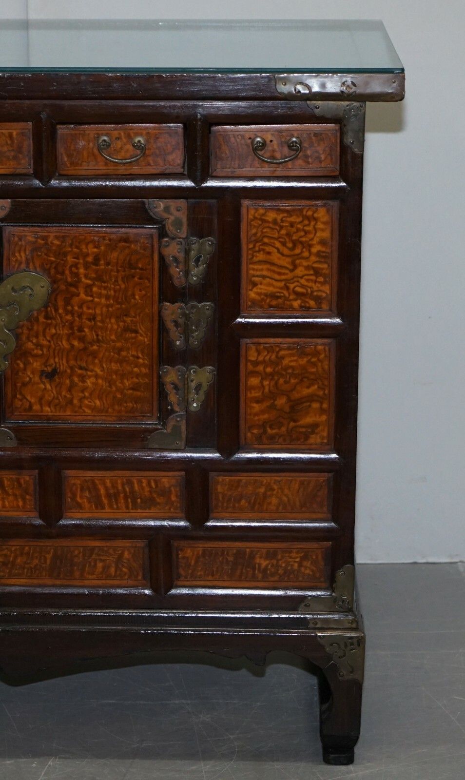 Antique Circa 1900 Chinese Export Burr Elm & Brass Engraved Sideboard Butterfly photo vintage