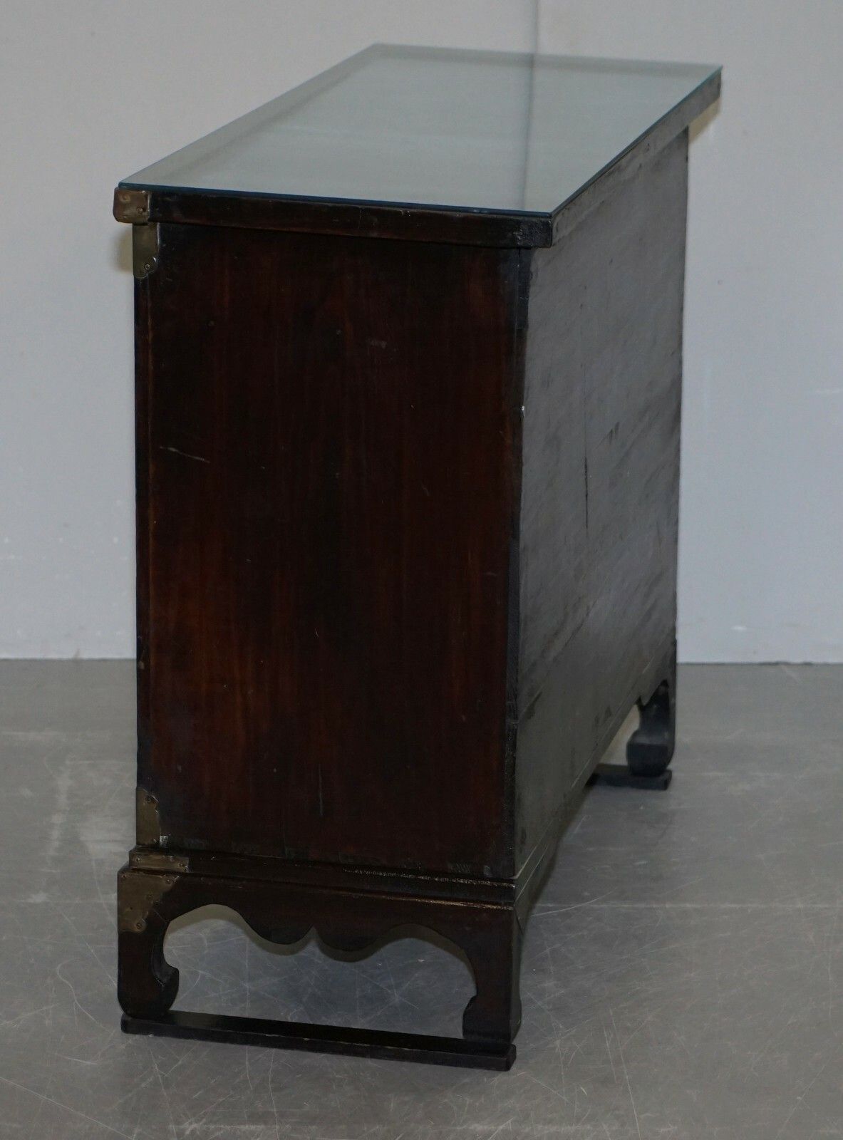 photo for sale Antique Circa 1900 Chinese Export Burr Elm & Brass Engraved Sideboard Butterfly