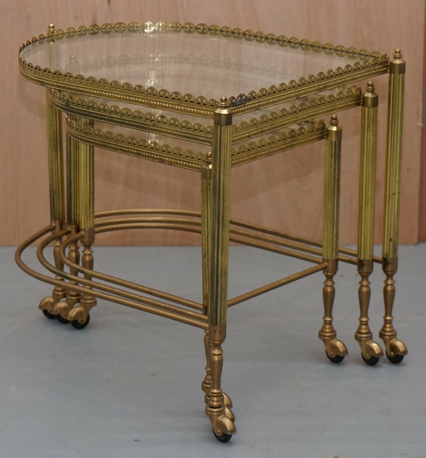 Nest Of Three Brass & Glass Trolley Tables By Maison Bagues France Mid Century photo furniture