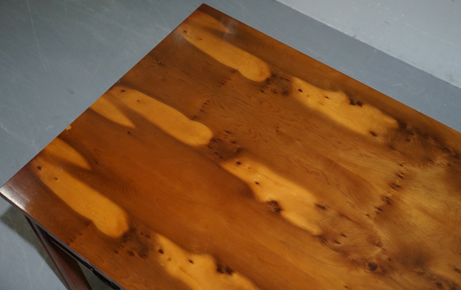 Lovely Harrods London Burr Yew Wood Coffee Table Lovely Vintage Detailing photo vinterior