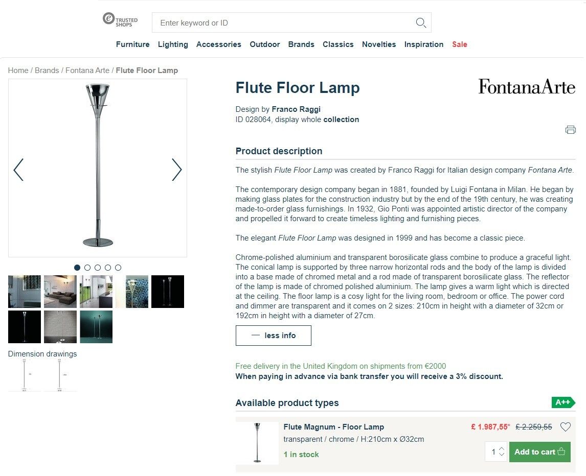Rare Rrp £2259 Fontana Arte Flute Magnum Floor Standing Glass & Chrome Lamp photo for sale