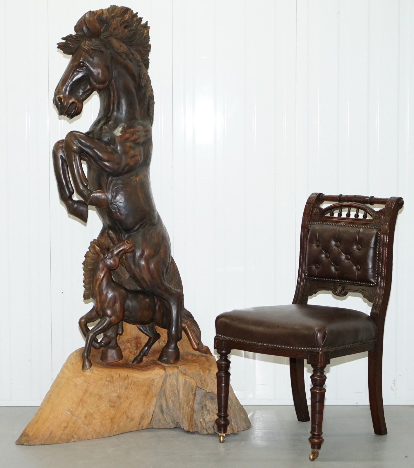 Stunning 160cm Tall Hand Carved Sculpture Of Rearing Horse And Foal Must See! photo furniture