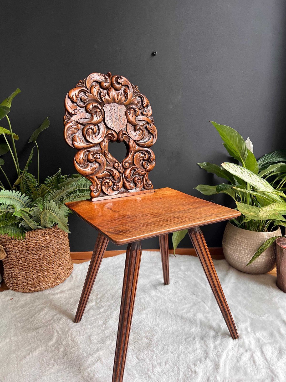 photo for sale Antique Swiss Hand Carved Tyrolean Chair | Castle Core Folk Art Escabelle | Medieval Dark Academia Furniture | Elegant Halloween Decor
