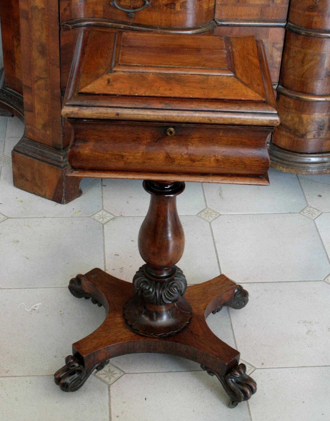 Historic Tea Box, Antique George II Or William IV English Teapoy, 19th Wooden Cabinet Stand, Victorian Tea Furniture photo for sale