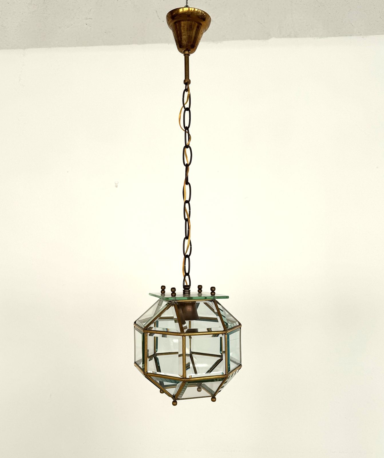 Italian Midcentury Brass And Cut Glass Lantern Or Pendant Lamp, 1960s photo for sale