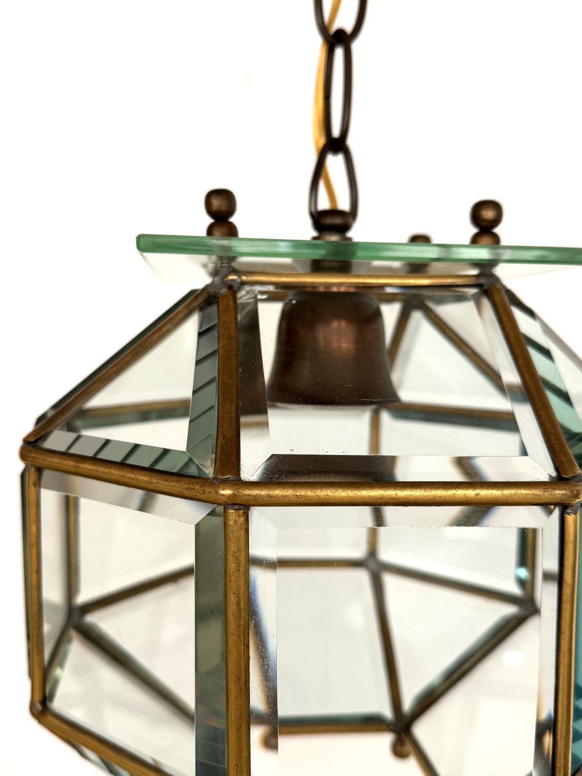 Italian Midcentury Brass And Cut Glass Lantern Or Pendant Lamp, 1960s photo vinterior