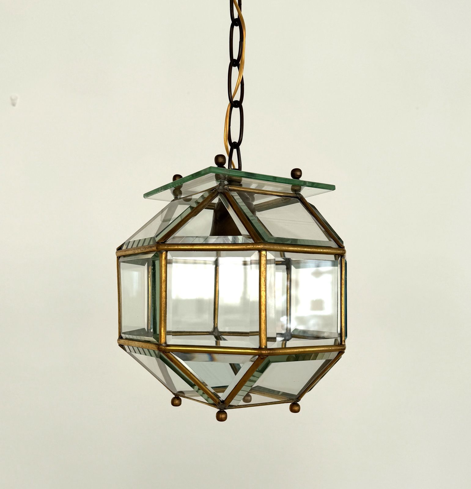 Italian Midcentury Brass And Cut Glass Lantern Or Pendant Lamp, 1960s photo vintage