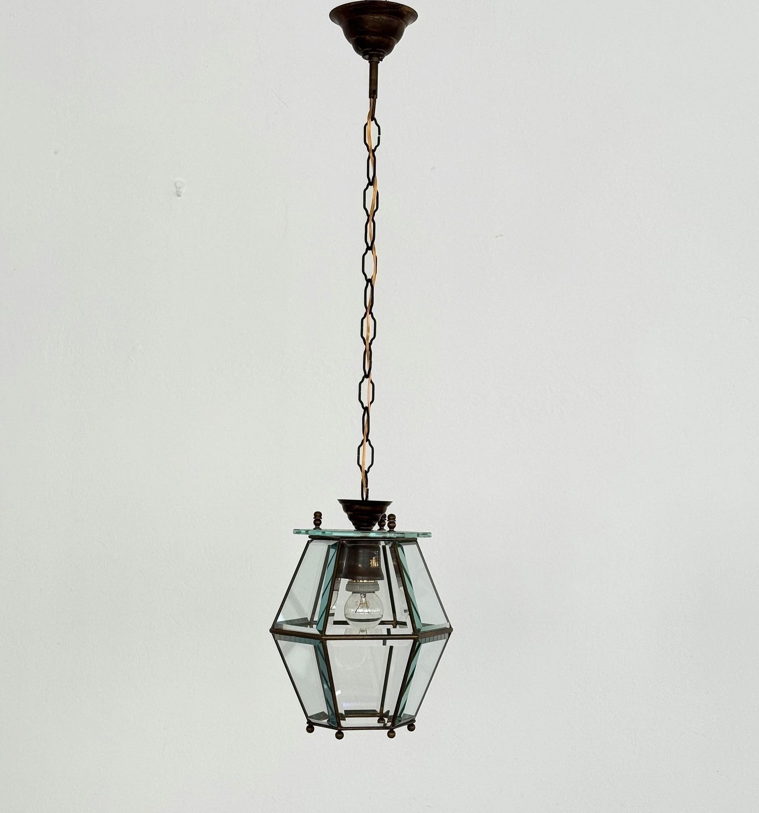Italian Midcentury Brass And Cut Glass Lantern Or Pendant Lamp, 1960s photo Lighting