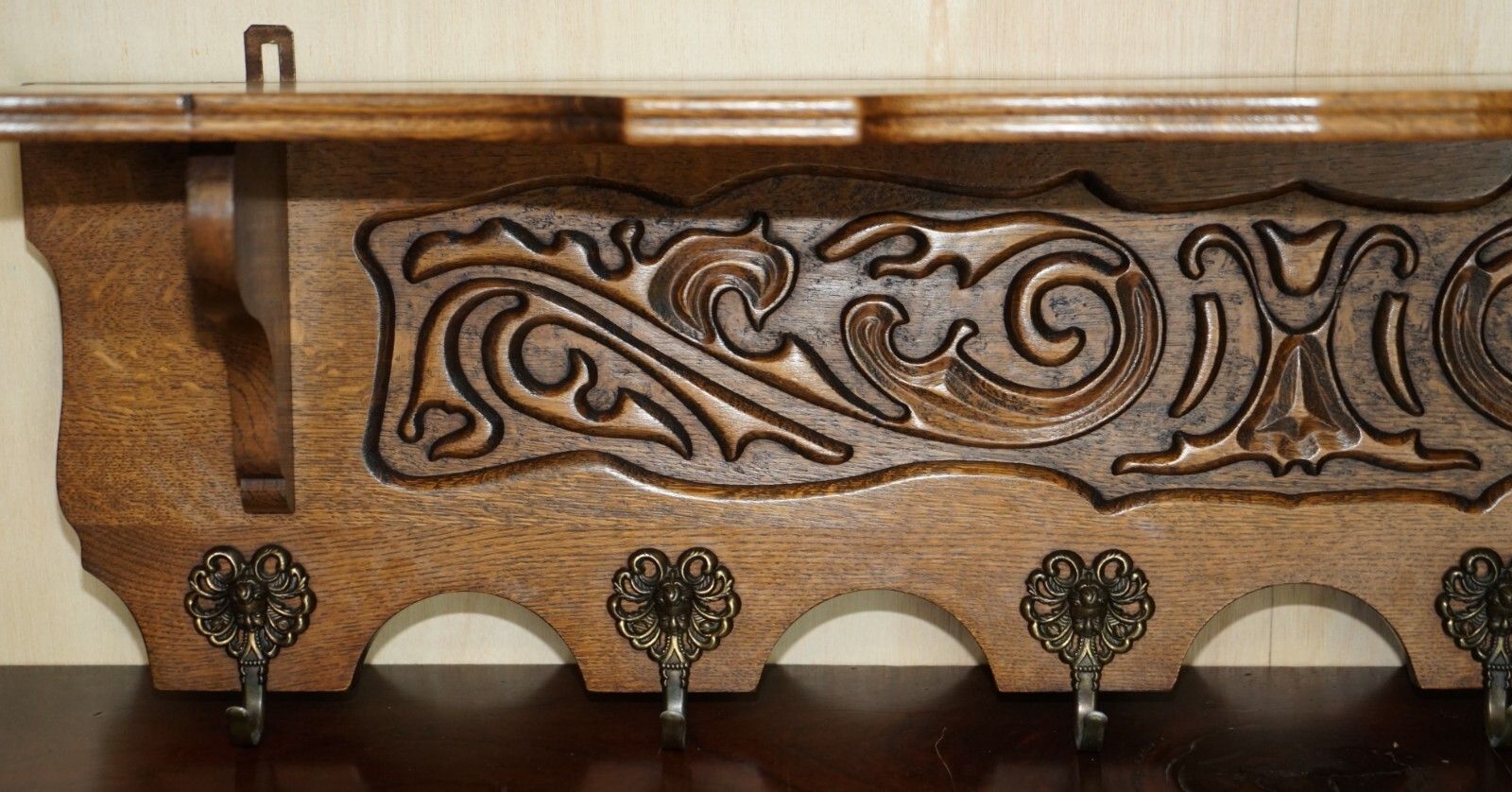 Antique Dutch Finely Carved Oak Coat Hat Scarf Wall Rack Hanger French Hooks photo for sale