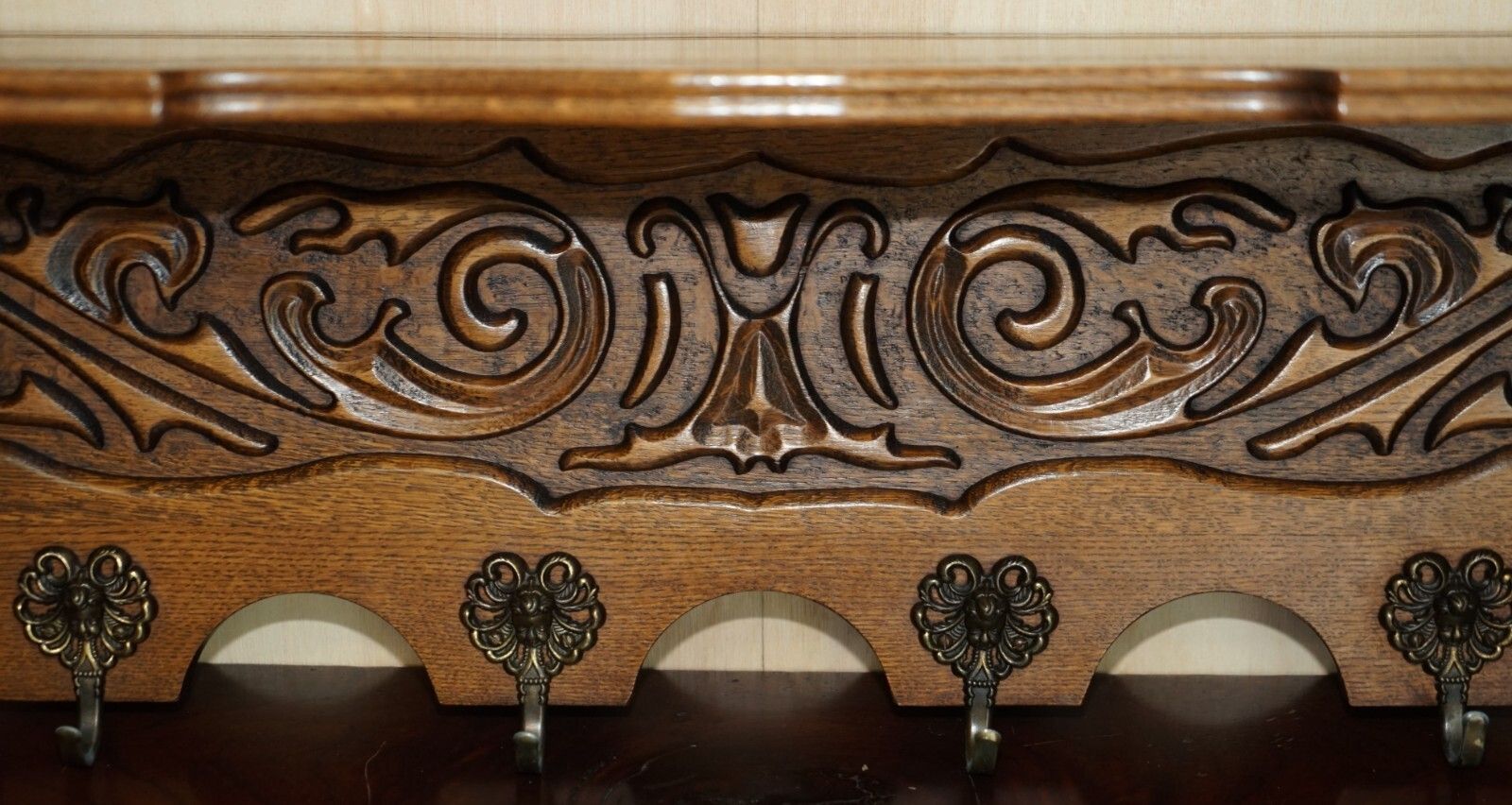 Antique Dutch Finely Carved Oak Coat Hat Scarf Wall Rack Hanger French Hooks photo Furniture