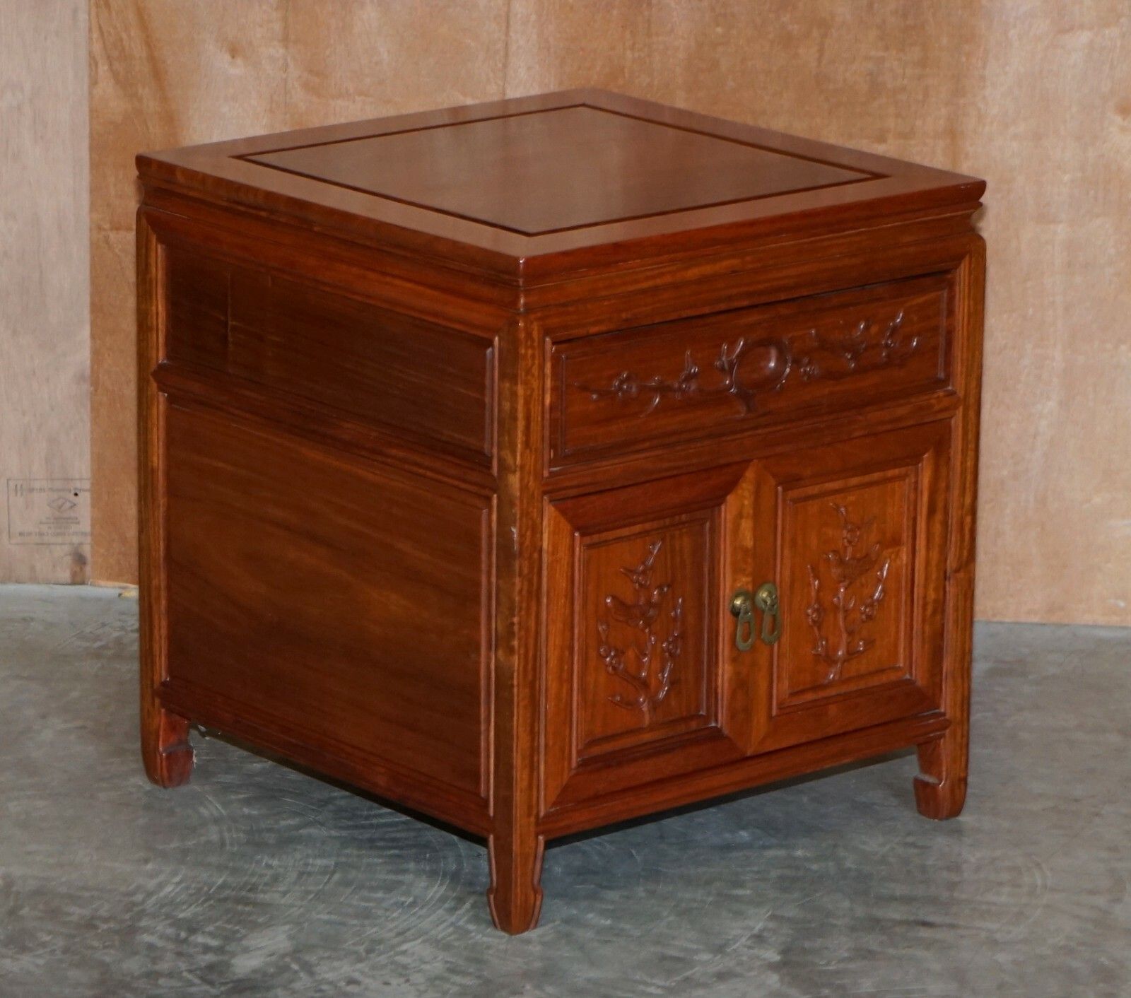 photo for sale Pair Of Oriental Teak Side End Lamp Wine Tables Drawers With Birds & Flowers