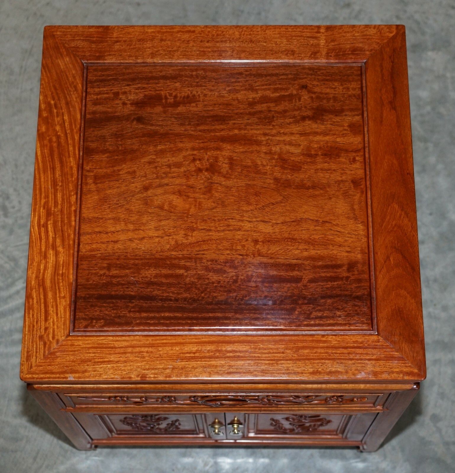 1350.0 Pair Of Oriental Teak Side End Lamp Wine Tables Drawers With Birds & Flowers photo
