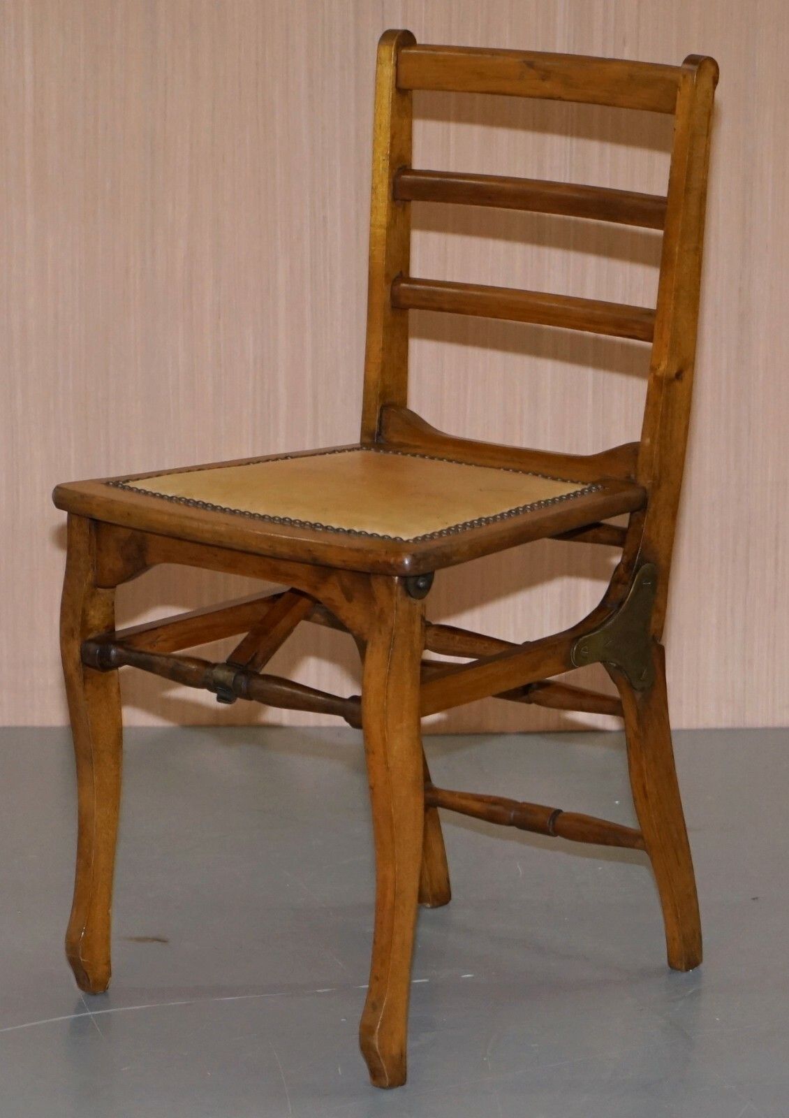 Rare Circa 1890 Solid Fruitwood Brass Fitting Military Campaign Folding Chair photo for sale