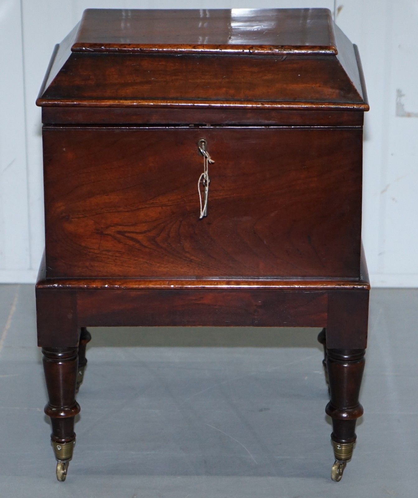 Very Rare Regency Mahogany Cellarette Of Sarcophagus Form Raised On Turned Legs photo for sale