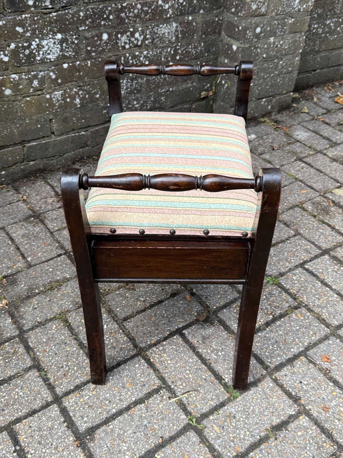 Vintage Wooden Storage Stool – Regency Revival Style With Striped Upholstered Seat – Decorative Lift Top Sewing Box Seat photo Furniture