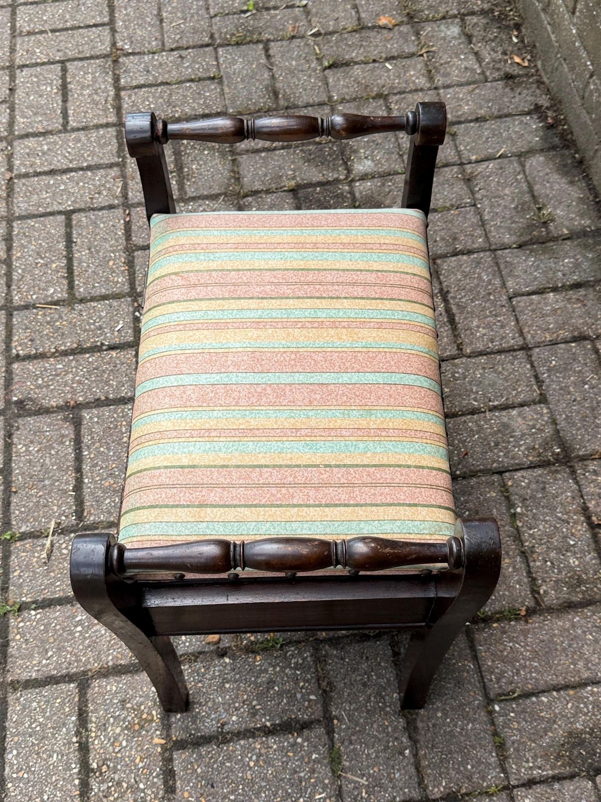 Vintage Wooden Storage Stool – Regency Revival Style With Striped Upholstered Seat – Decorative Lift Top Sewing Box Seat photo 145.0