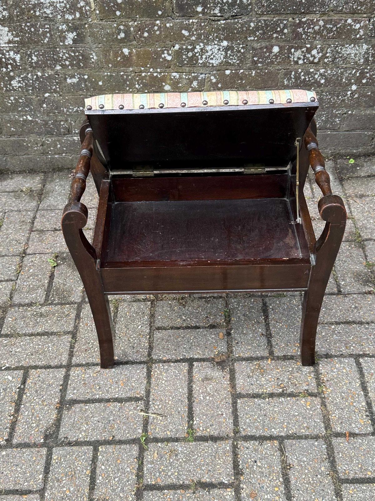 Vintage Wooden Storage Stool – Regency Revival Style With Striped Upholstered Seat – Decorative Lift Top Sewing Box Seat photo vintage