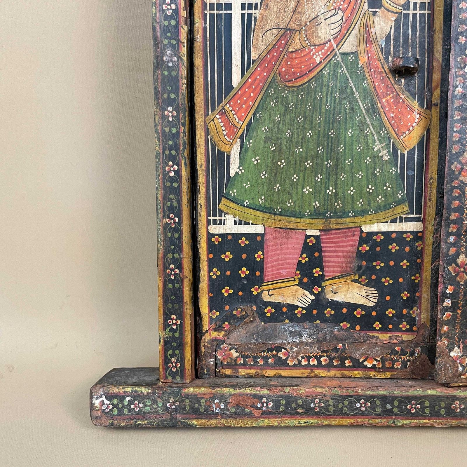 Indian Radha Krishna Bikaner Window Hand Painted Decorative Artwork Wooden Traditional Hindu Mythology Shutters Rustic Antique photo for sale
