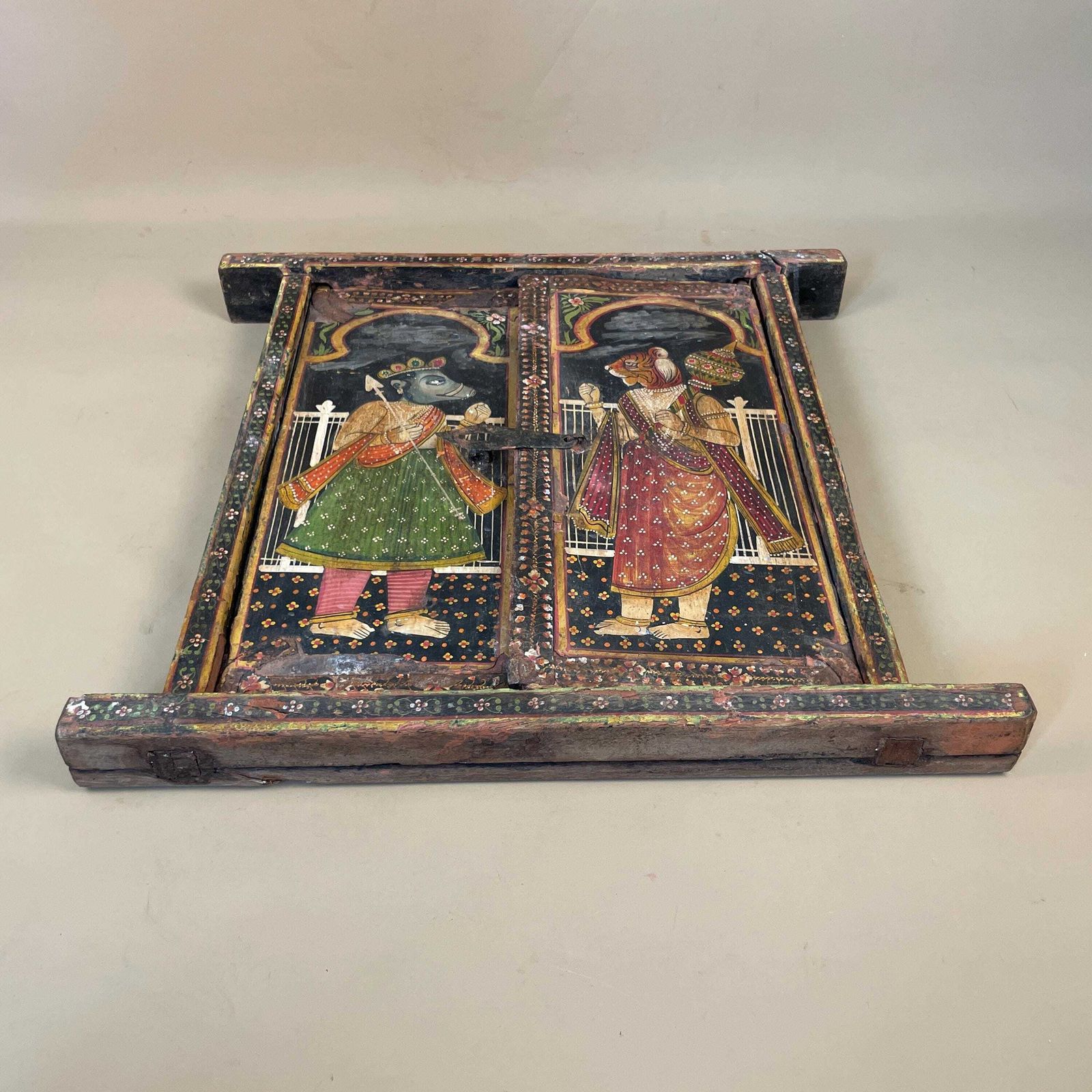 Indian Radha Krishna Bikaner Window Hand Painted Decorative Artwork Wooden Traditional Hindu Mythology Shutters Rustic Antique photo vintage