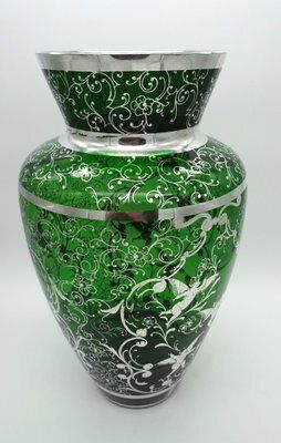 Large Venetian Emerald Green Glass Vase With Silver Overlay Decorations, 1930s photo Home Decor