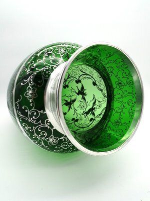 Large Venetian Emerald Green Glass Vase With Silver Overlay Decorations, 1930s photo vintage