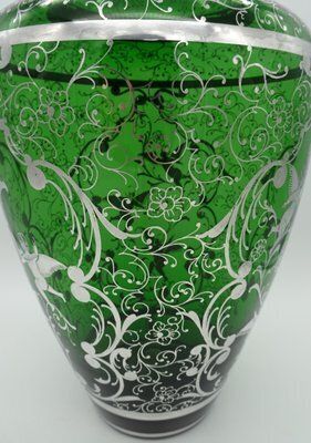 photo for sale Large Venetian Emerald Green Glass Vase With Silver Overlay Decorations, 1930s
